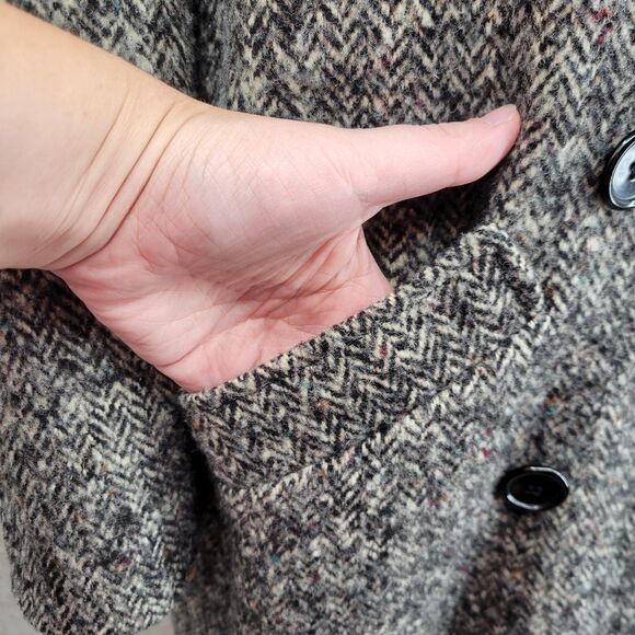 Vintage Wool Women's Gray Herringbone Longline Double Breasted Coat - Picture 9 of 13